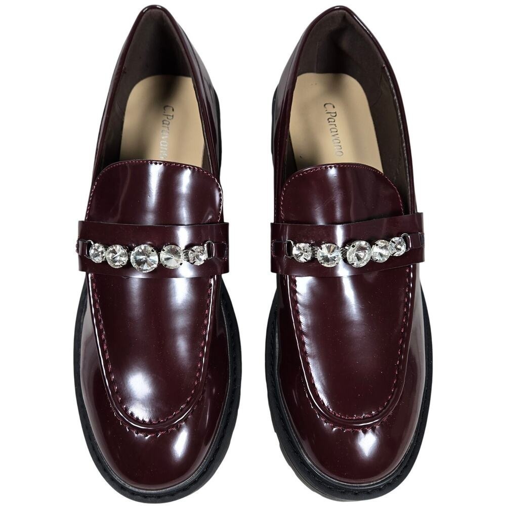 C Paravano Women Burgundy Patent Leather Loafers Chunky Sole Crystal Embellished